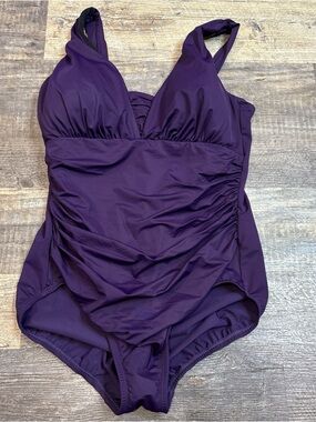 Lands' End Women's SlenderSuit Grecian One Piece Swimsuit Size 14DD BlackBerry